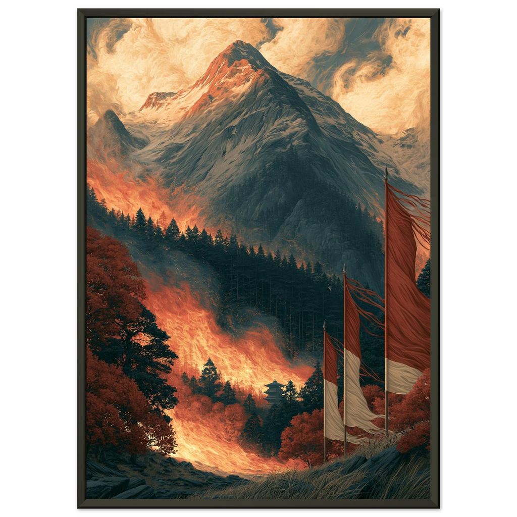 Poster Fūrinkazan encadré cadre noir — montagne, forêt et bannières de guerre, affiche d'art japonais INKONAL