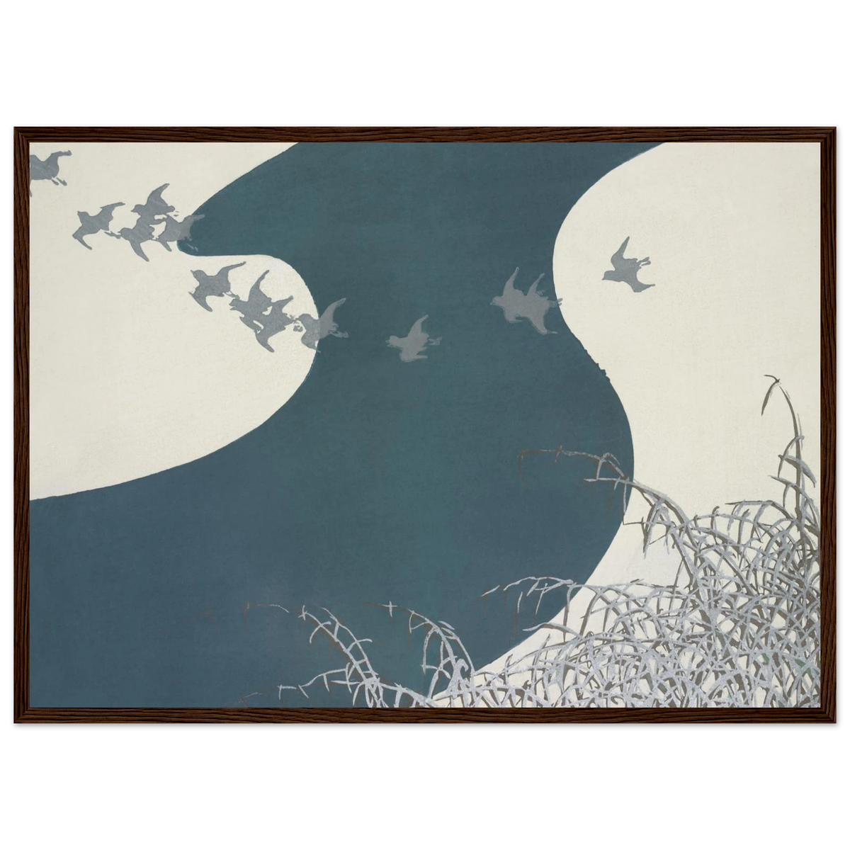 Estampe japonaise FUYU NO KAWA, Rivière en hiver — Kamisaka Sekka, tirage encadré cadre bois foncé | INKONAL