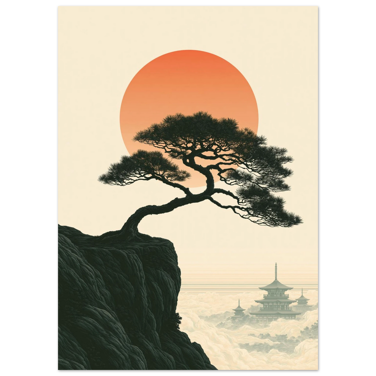Poster Gaman — pin plié par le vent sur une falaise, affiche d'art japonais INKONAL