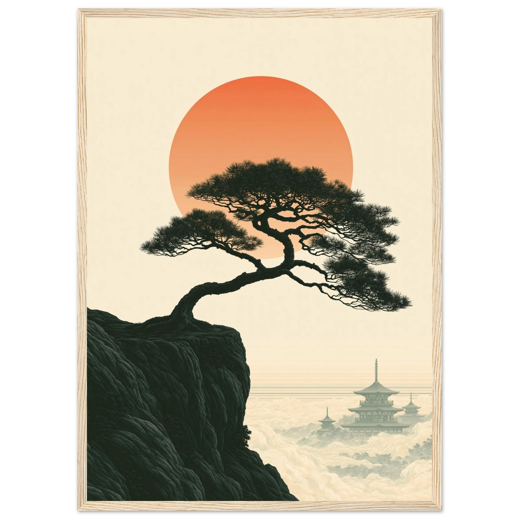 Poster Gaman — pin plié par le vent sur une falaise, affiche d'art japonais INKONAL