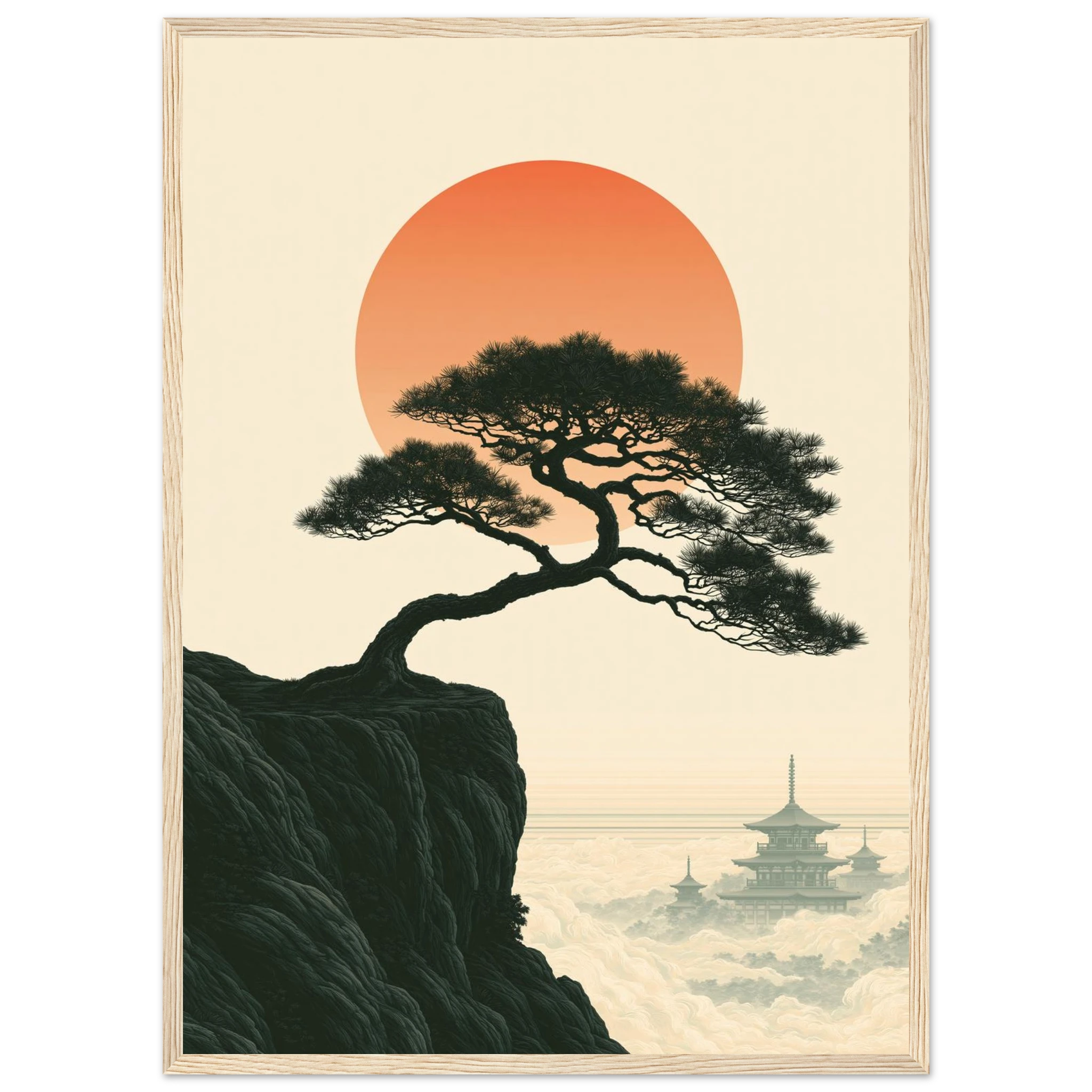 Poster Gaman — pin plié par le vent sur une falaise, affiche d'art japonais INKONAL