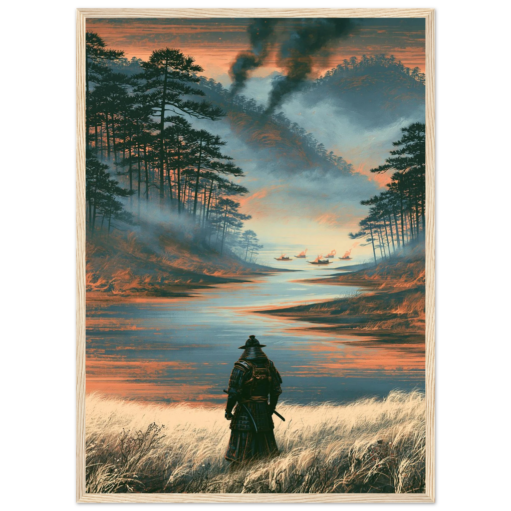 Poster Haisui no jin encadré cadre bois — guerrier de dos face au fleuve, barques en feu, affiche d'art japonais INKONAL