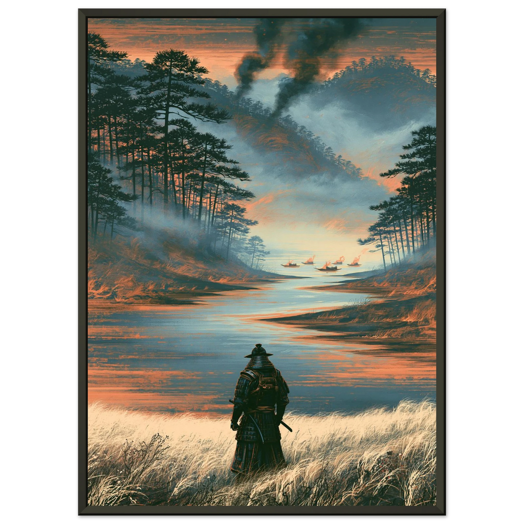 Poster Haisui no jin encadré cadre noir — guerrier de dos face au fleuve, barques en feu, affiche d'art japonais INKONAL
