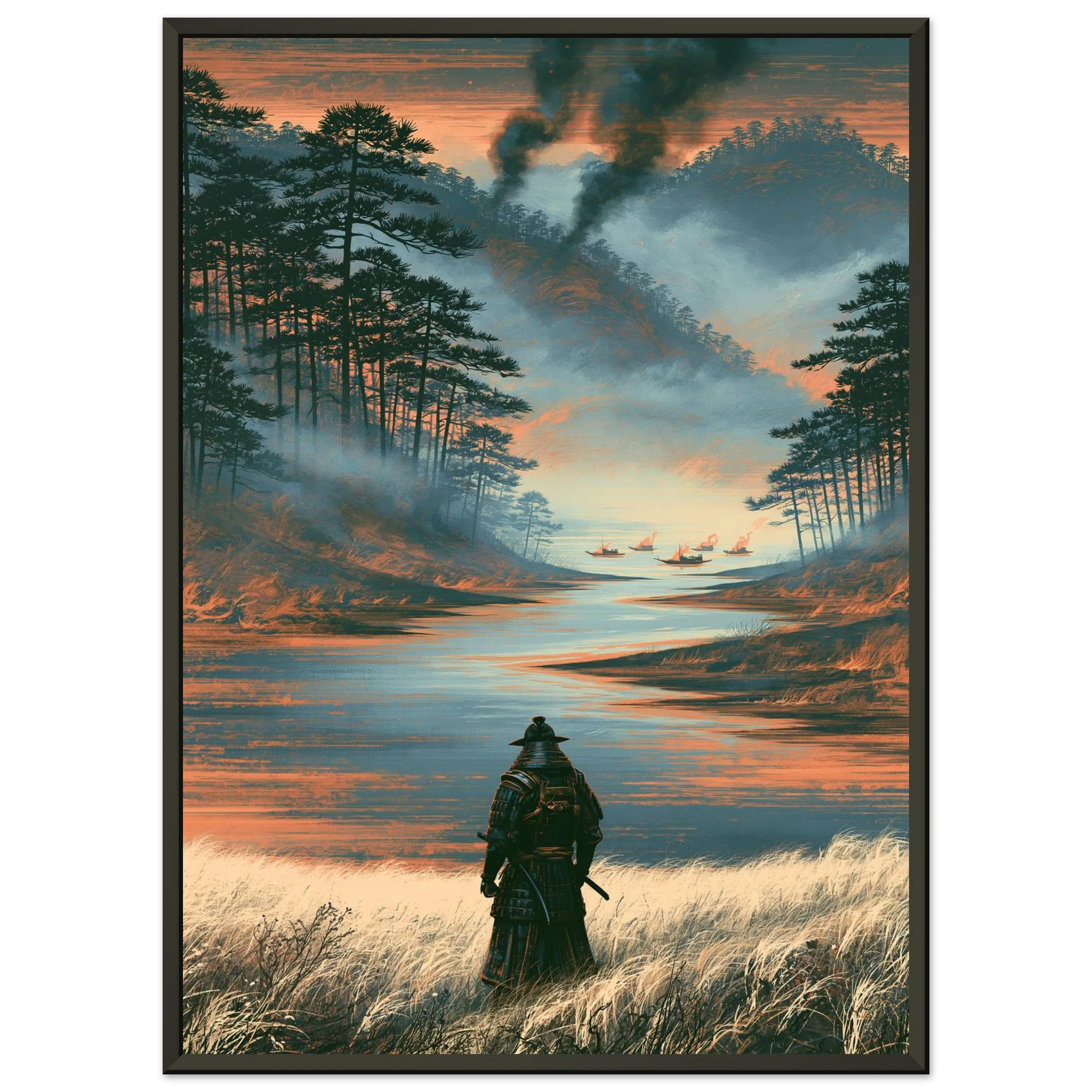Poster Haisui no jin encadré cadre noir — guerrier de dos face au fleuve, barques en feu, affiche d'art japonais INKONAL