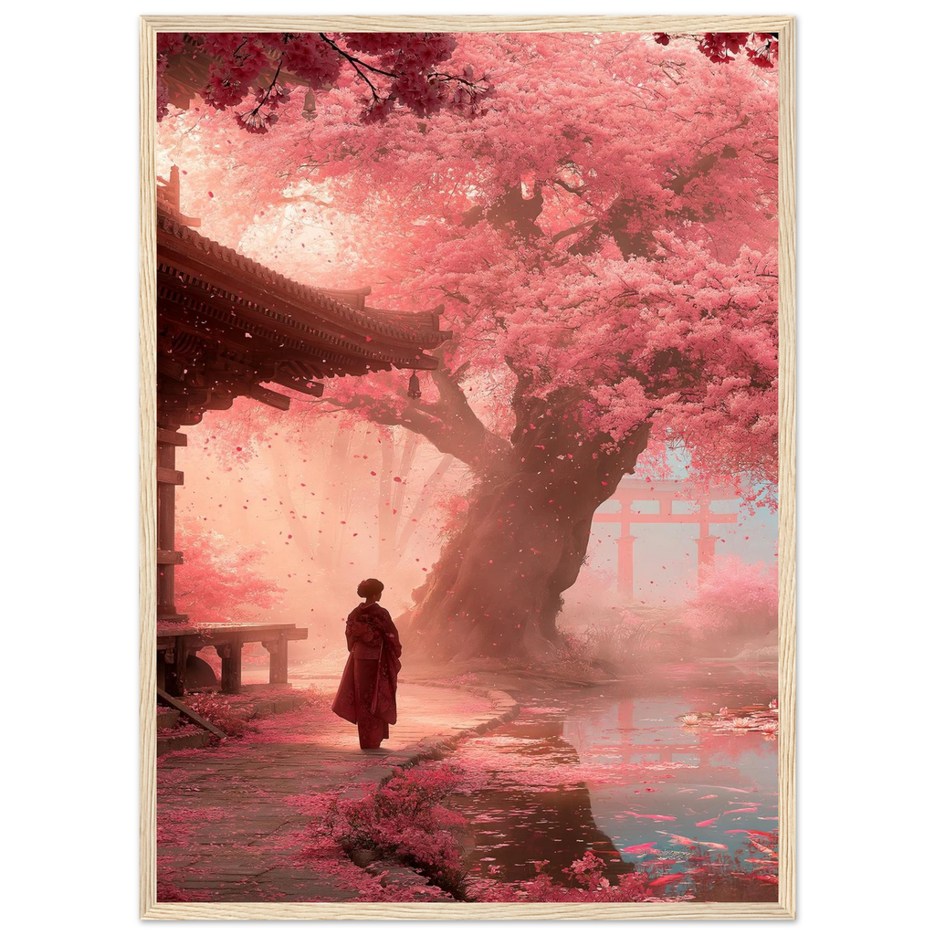 Poster Hanami encadré (cadre bois) — silhouette sous un cerisier en pleine floraison, affiche d'art japonais INKONAL