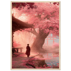 Poster Hanami encadré (cadre bois) — silhouette sous un cerisier en pleine floraison, affiche d'art japonais INKONAL