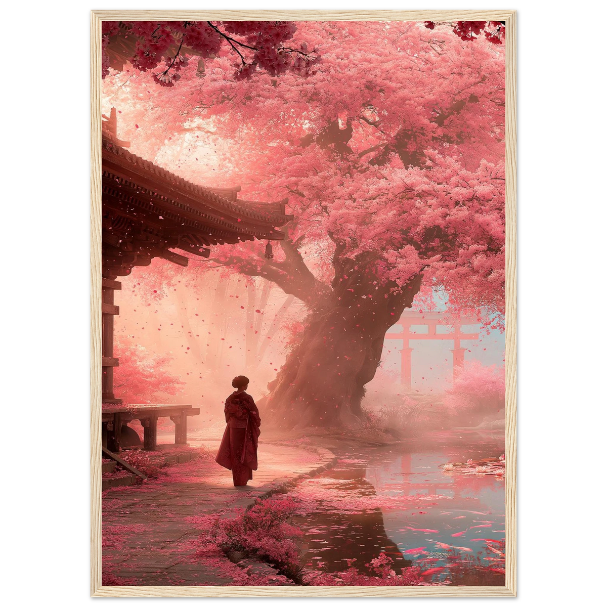 Poster Hanami encadré (cadre bois) — silhouette sous un cerisier en pleine floraison, affiche d'art japonais INKONAL