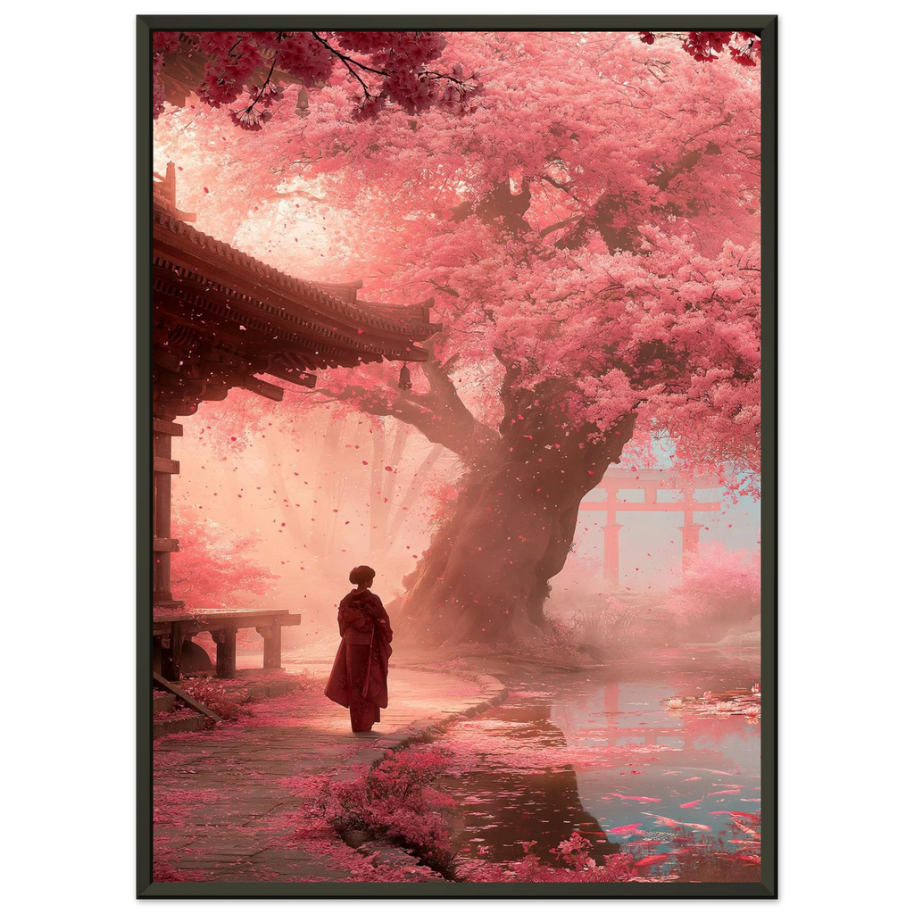 Poster Hanami encadré (cadre noir) — silhouette sous un cerisier en pleine floraison, affiche d'art japonais INKONAL