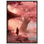 Poster Hanami encadré (cadre noir) — silhouette sous un cerisier en pleine floraison, affiche d'art japonais INKONAL