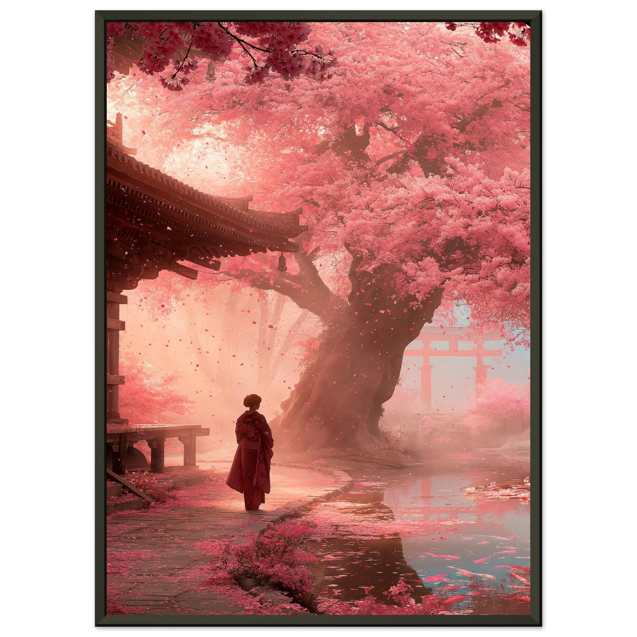 Poster Hanami encadré (cadre noir) — silhouette sous un cerisier en pleine floraison, affiche d'art japonais INKONAL