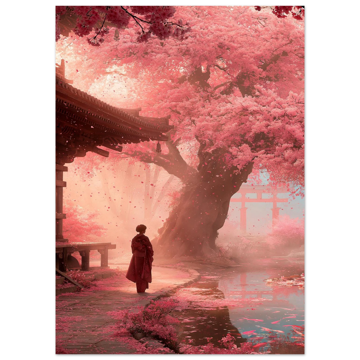 Poster Hanami sans cadre — silhouette sous un cerisier en pleine floraison, affiche d'art japonais INKONAL