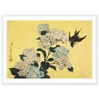 Poster Hortensia et hirondelle encadré cadre blanc, estampe japonaise Hokusai INKONAL