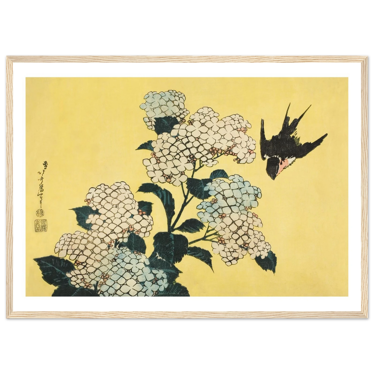 Poster Hortensia et hirondelle encadré cadre bois, estampe japonaise Hokusai INKONAL