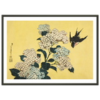 Poster Hortensia et hirondelle encadré cadre noir, estampe japonaise Hokusai INKONAL