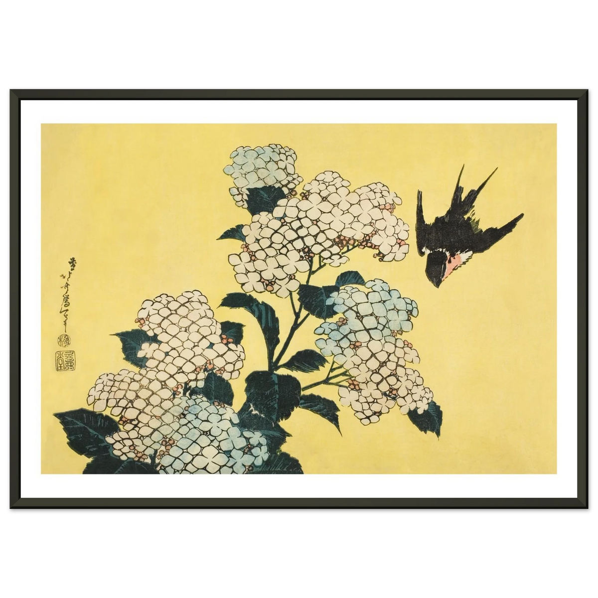 Poster Hortensia et hirondelle encadré cadre noir, estampe japonaise Hokusai INKONAL