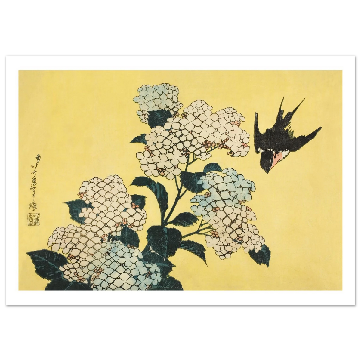 Poster Hortensia et hirondelle sans cadre, estampe japonaise Hokusai INKONAL