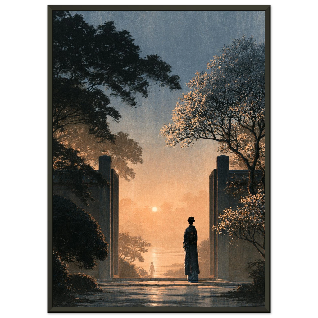 Poster Ichigo Ichie — silhouette seule à une porte ouverte face à un chemin vide, affiche d'art japonais INKONAL