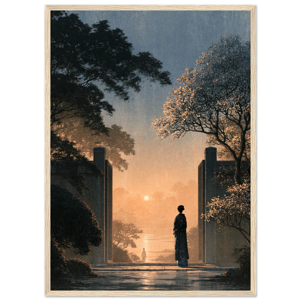 Poster Ichigo Ichie — silhouette seule à une porte ouverte face à un chemin vide, affiche d'art japonais INKONAL
