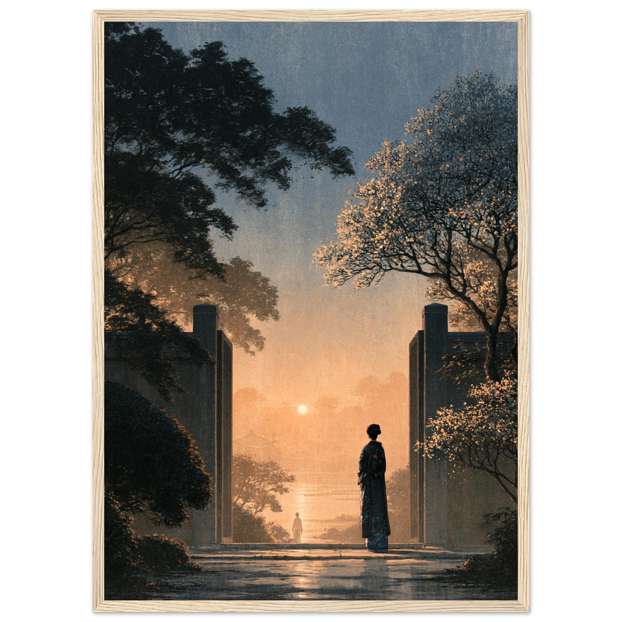 Poster Ichigo Ichie — silhouette seule à une porte ouverte face à un chemin vide, affiche d'art japonais INKONAL