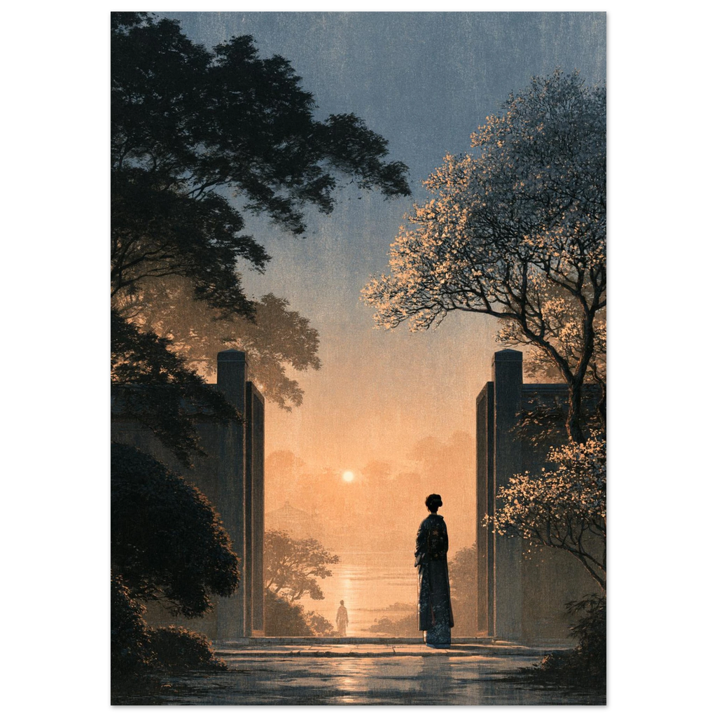 Poster Ichigo Ichie — silhouette seule à une porte ouverte face à un chemin vide, affiche d'art japonais INKONAL