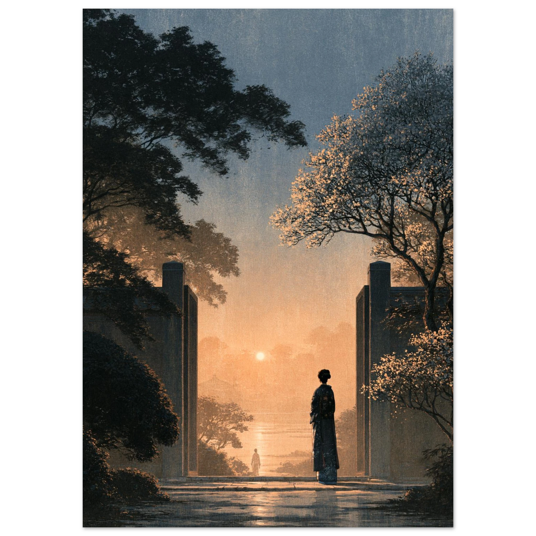Poster Ichigo Ichie — silhouette seule à une porte ouverte face à un chemin vide, affiche d'art japonais INKONAL