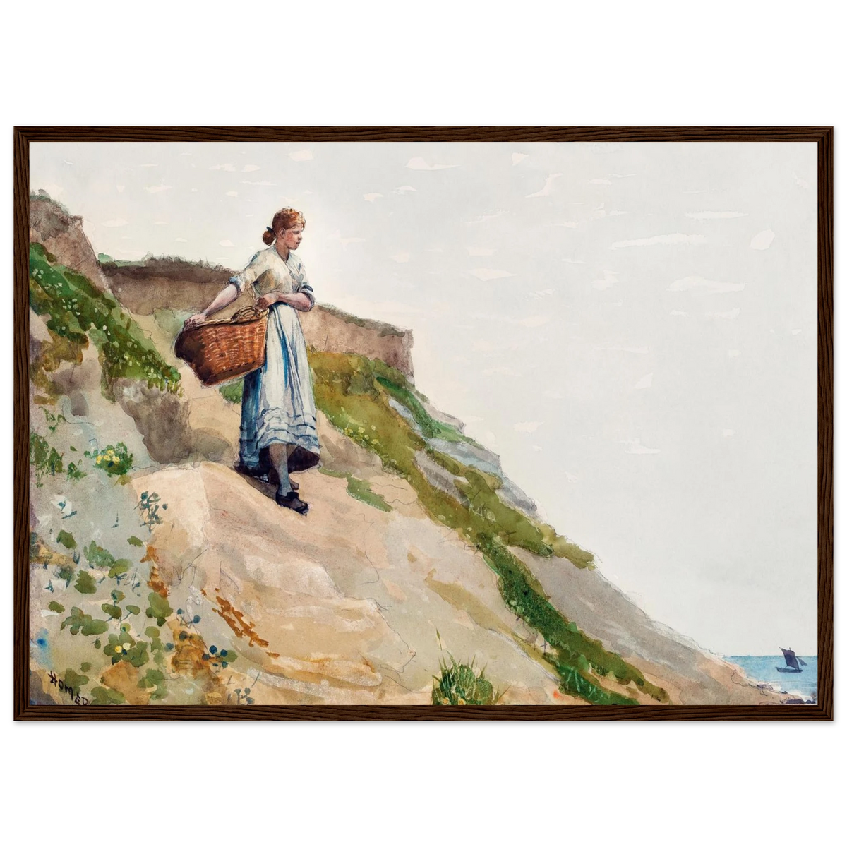 Tableau Jeune fille portant un panier — Winslow Homer, tirage cadre bois foncé | INKONAL