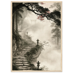 Poster Kaizen encadré (cadre bois) — escalier de pierre vers un torii dans la brume, affiche d'art japonais INKONAL