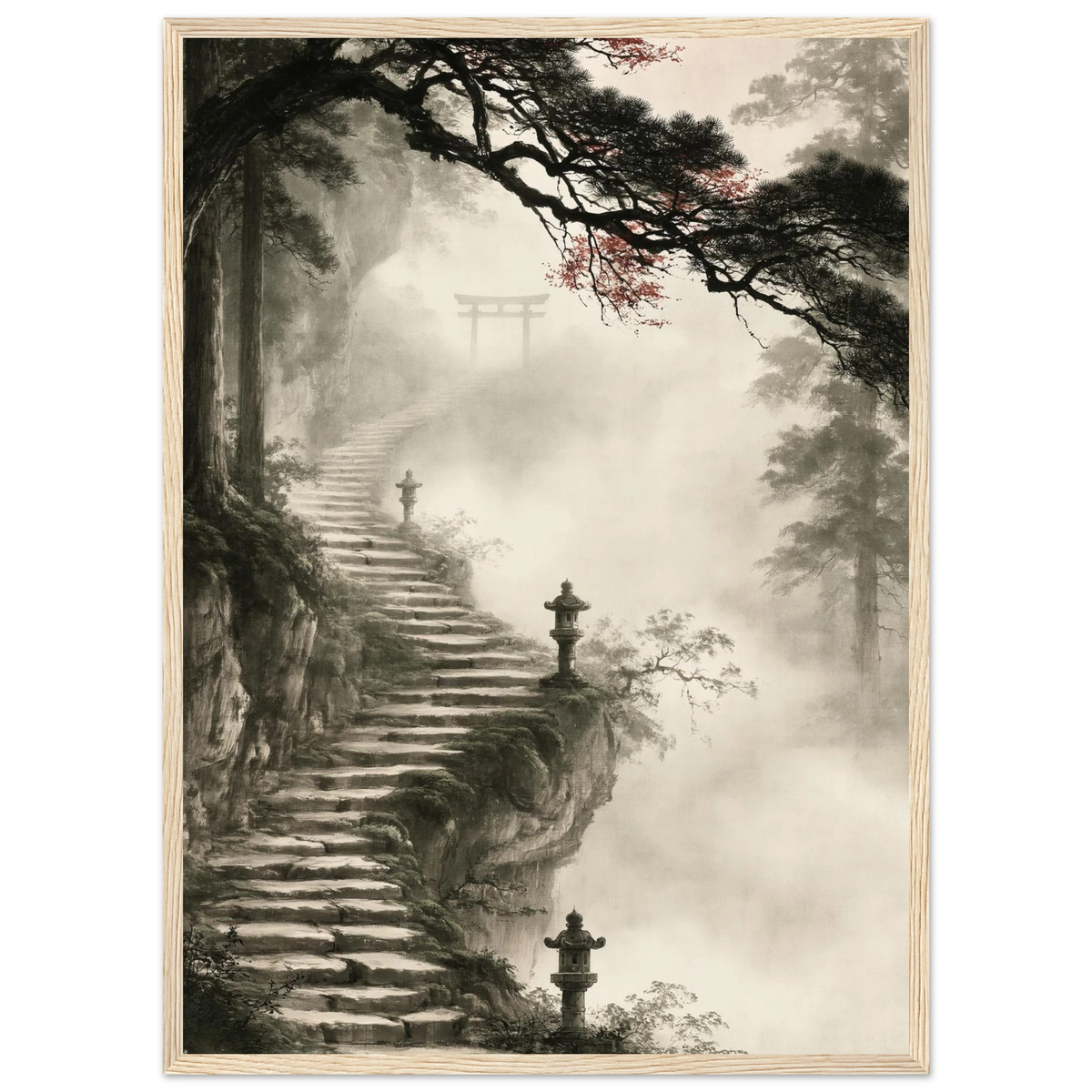 Poster Kaizen encadré (cadre bois) — escalier de pierre vers un torii dans la brume, affiche d'art japonais INKONAL