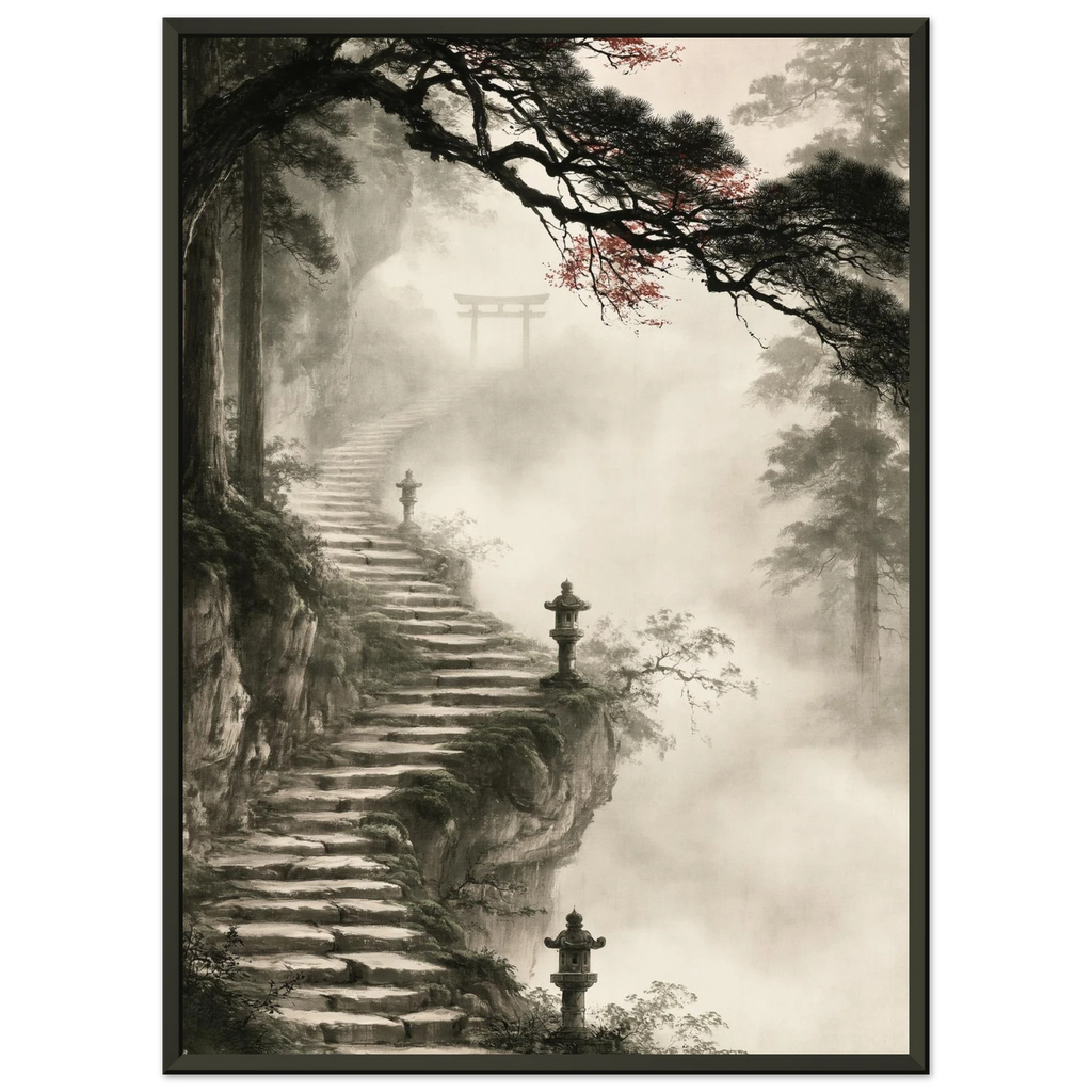 Poster Kaizen encadré (cadre noir) — escalier de pierre vers un torii dans la brume, affiche d'art japonais INKONAL