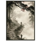 Poster Kaizen encadré (cadre noir) — escalier de pierre vers un torii dans la brume, affiche d'art japonais INKONAL