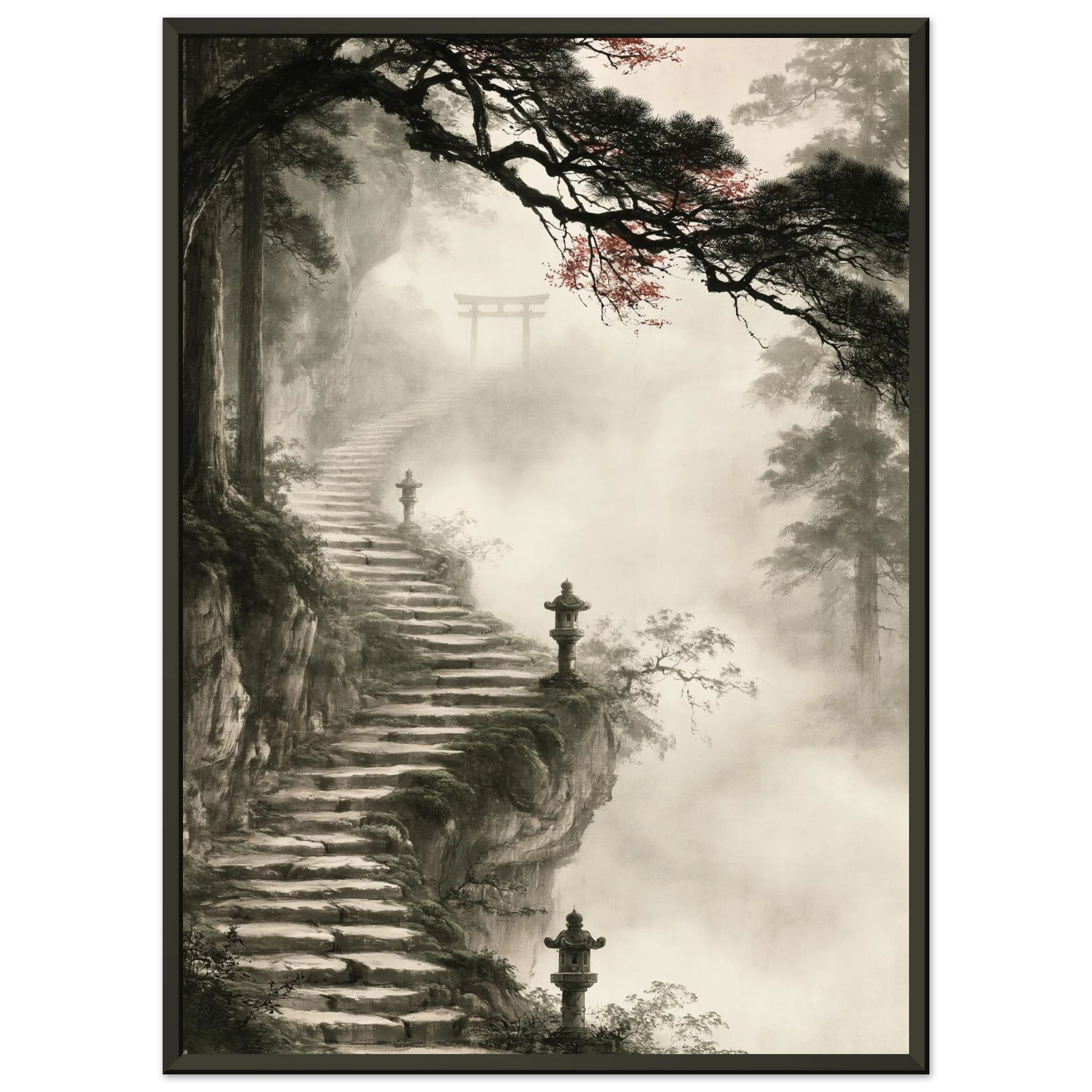 Poster Kaizen encadré (cadre noir) — escalier de pierre vers un torii dans la brume, affiche d'art japonais INKONAL