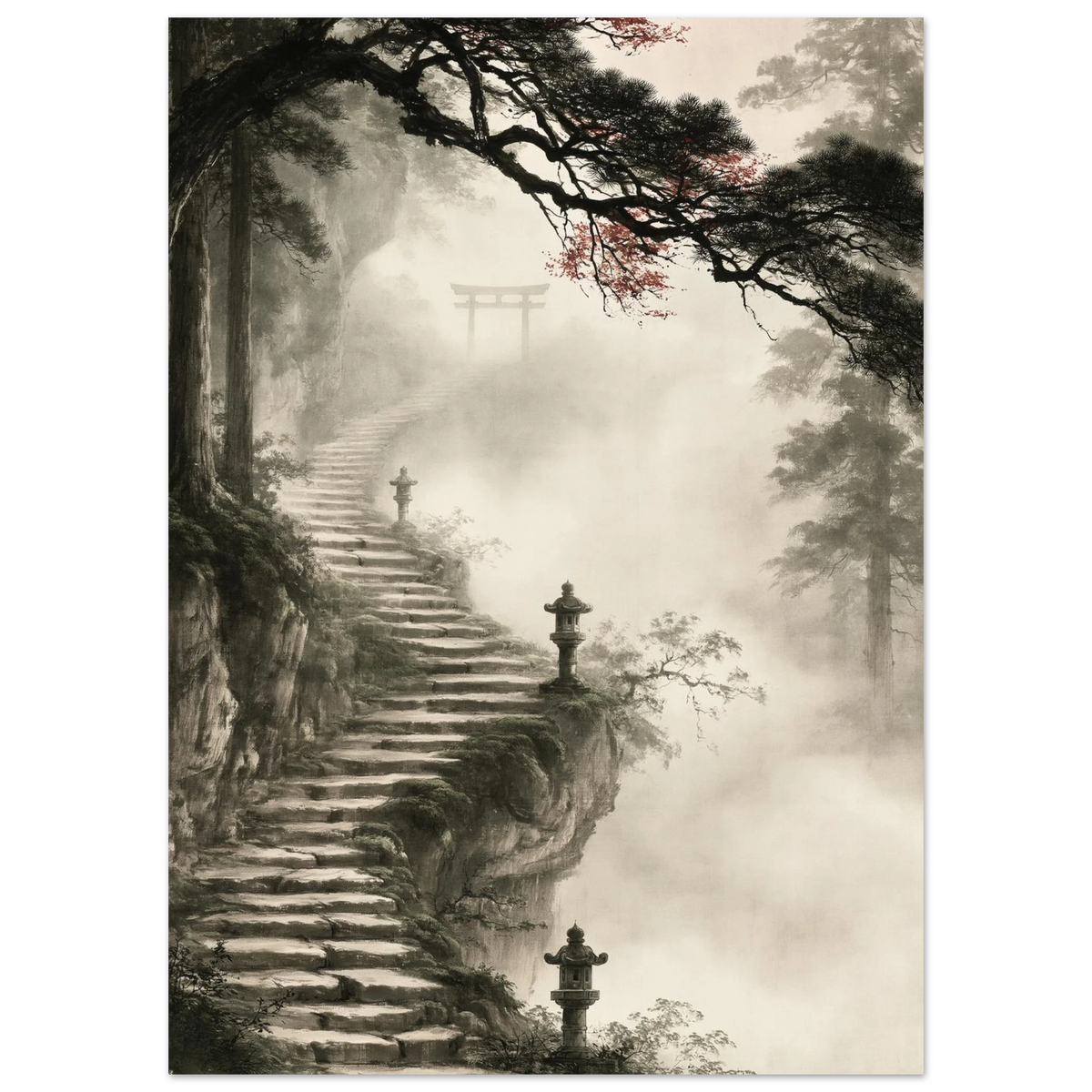 Poster Kaizen sans cadre — escalier de pierre vers un torii dans la brume, affiche d'art japonais INKONAL