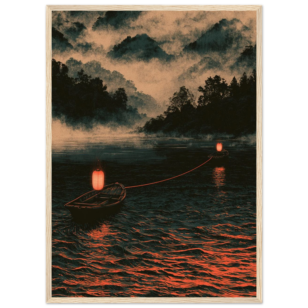 Poster Kizuna encadré (cadre bois) — deux barques reliées par un fil rouge sur un lac brumeux, affiche d'art japonais INKONAL