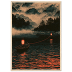 Poster Kizuna encadré (cadre bois) — deux barques reliées par un fil rouge sur un lac brumeux, affiche d'art japonais INKONAL