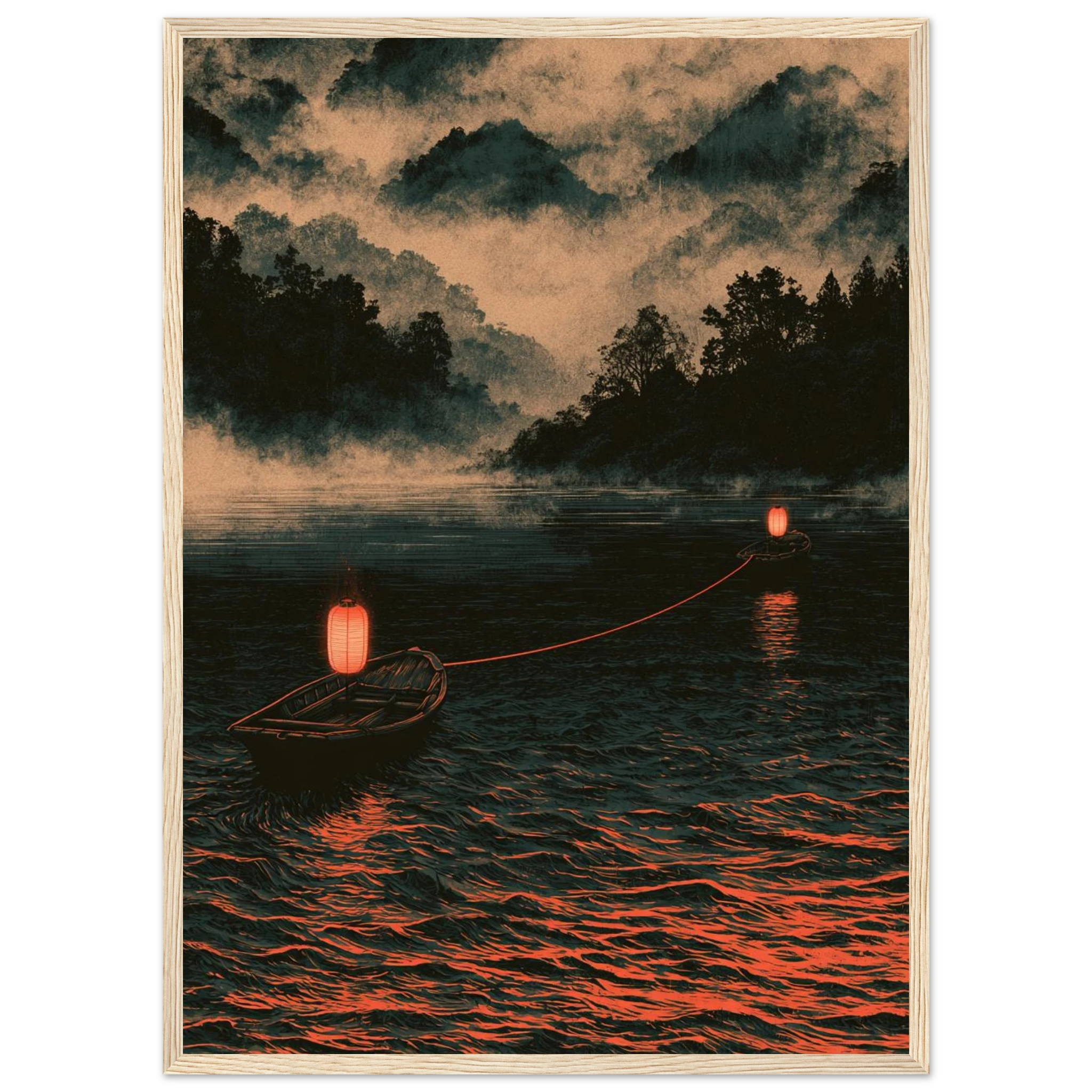 Poster Kizuna encadré (cadre bois) — deux barques reliées par un fil rouge sur un lac brumeux, affiche d'art japonais INKONAL