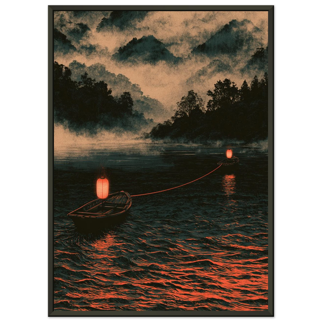 Poster Kizuna encadré (cadre noir) — deux barques reliées par un fil rouge sur un lac brumeux, affiche d'art japonais INKONAL