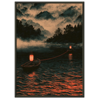 Poster Kizuna encadré (cadre noir) — deux barques reliées par un fil rouge sur un lac brumeux, affiche d'art japonais INKONAL