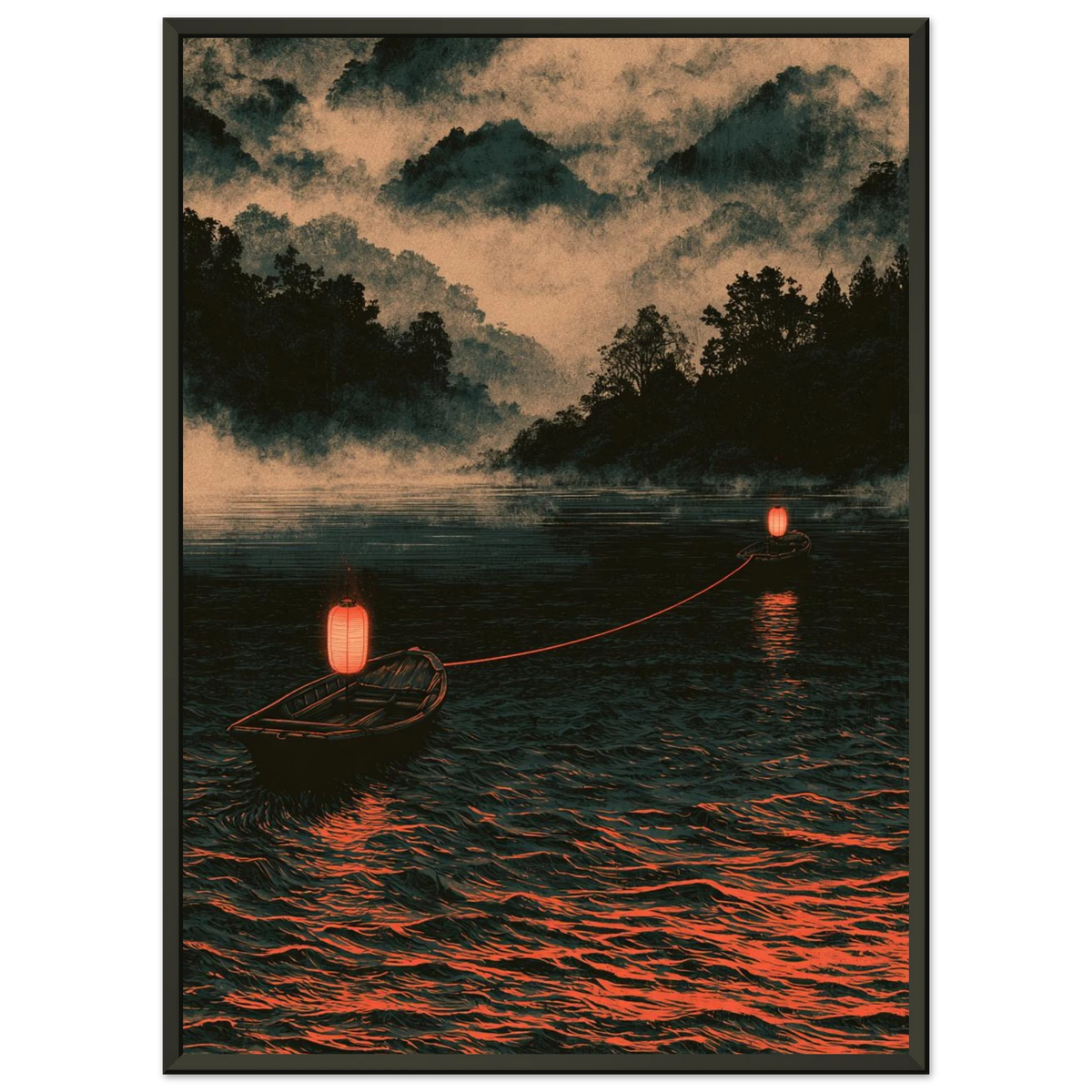 Poster Kizuna encadré (cadre noir) — deux barques reliées par un fil rouge sur un lac brumeux, affiche d'art japonais INKONAL