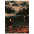 Poster Kizuna sans cadre — deux barques reliées par un fil rouge sur un lac brumeux, affiche d'art japonais INKONAL