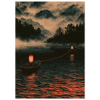 Poster Kizuna sans cadre — deux barques reliées par un fil rouge sur un lac brumeux, affiche d'art japonais INKONAL