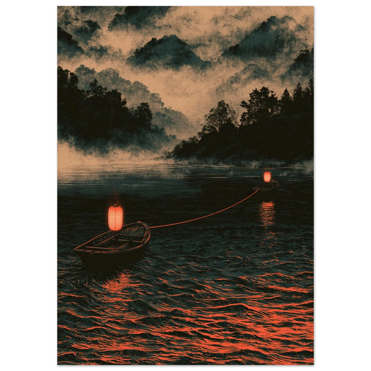Poster Kizuna sans cadre — deux barques reliées par un fil rouge sur un lac brumeux, affiche d'art japonais INKONAL