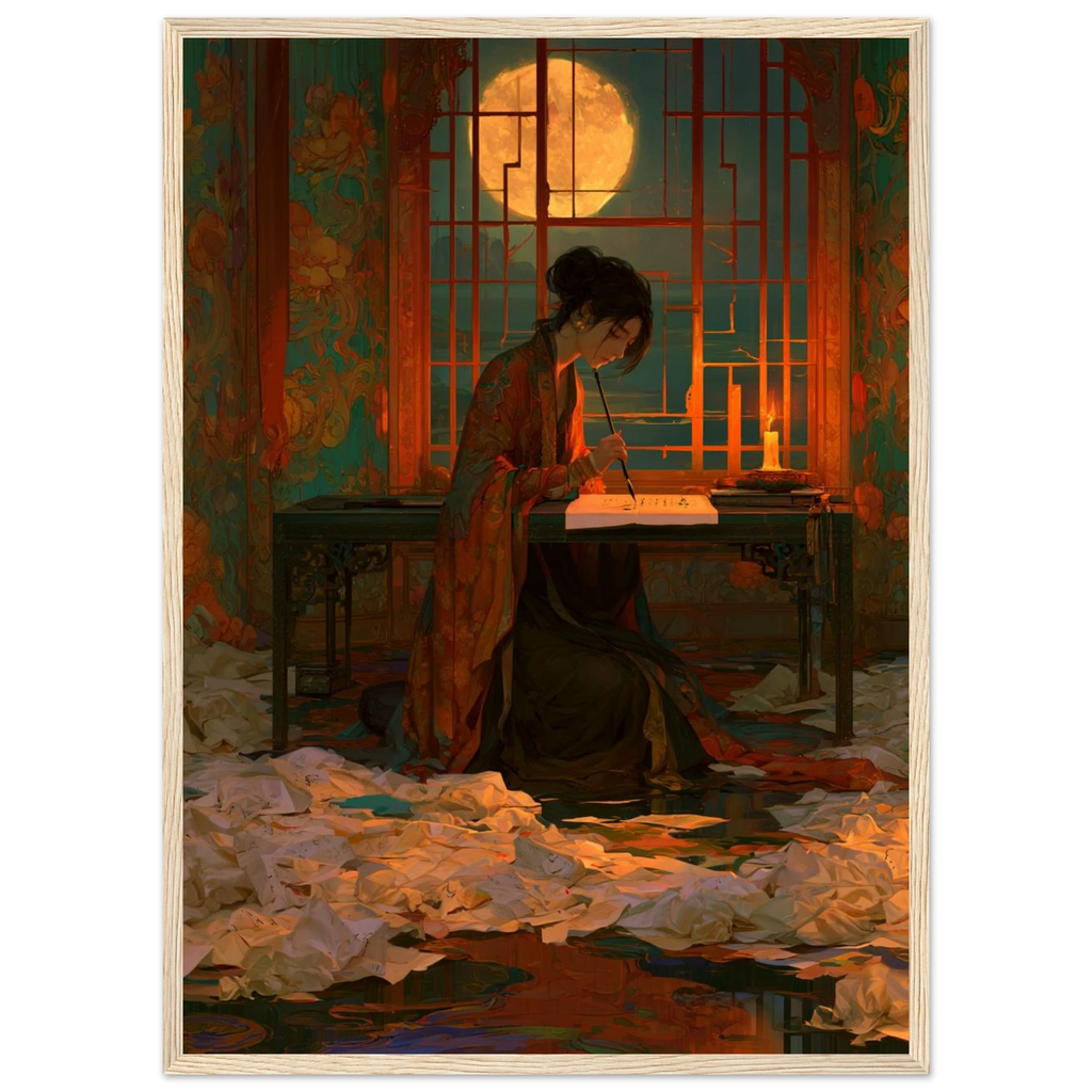 Poster Kodawari encadré (cadre bois) — calligraphe recommençant le même trait, affiche d'art japonais INKONAL
