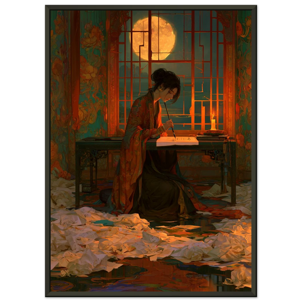 Poster Kodawari encadré (cadre noir) — calligraphe recommençant le même trait, affiche d'art japonais INKONAL