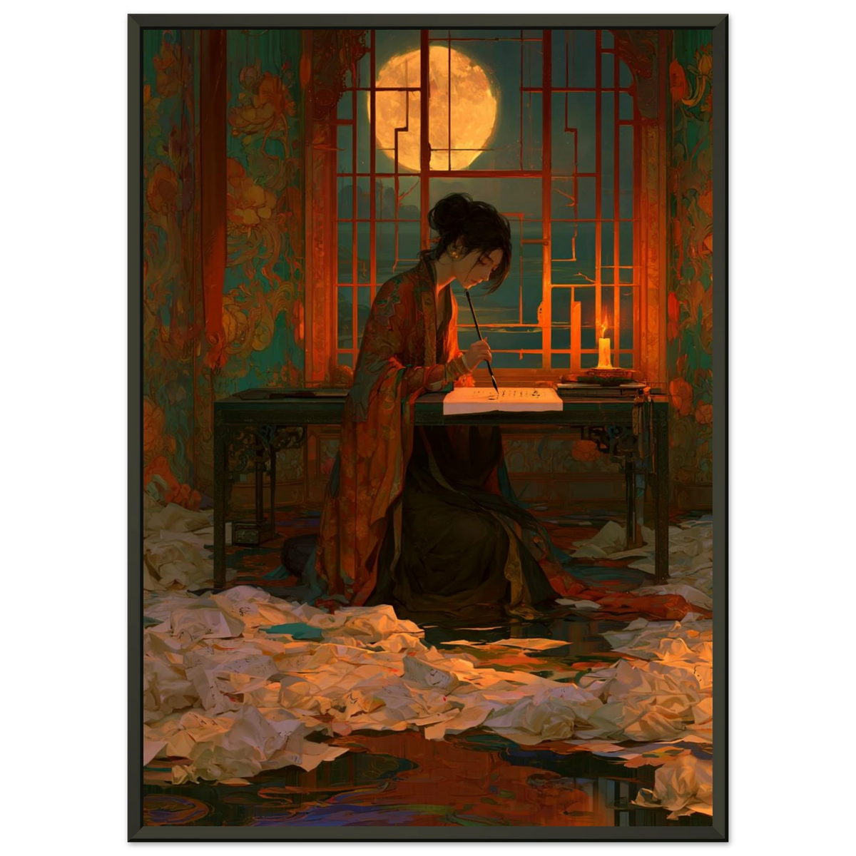 Poster Kodawari encadré (cadre noir) — calligraphe recommençant le même trait, affiche d'art japonais INKONAL
