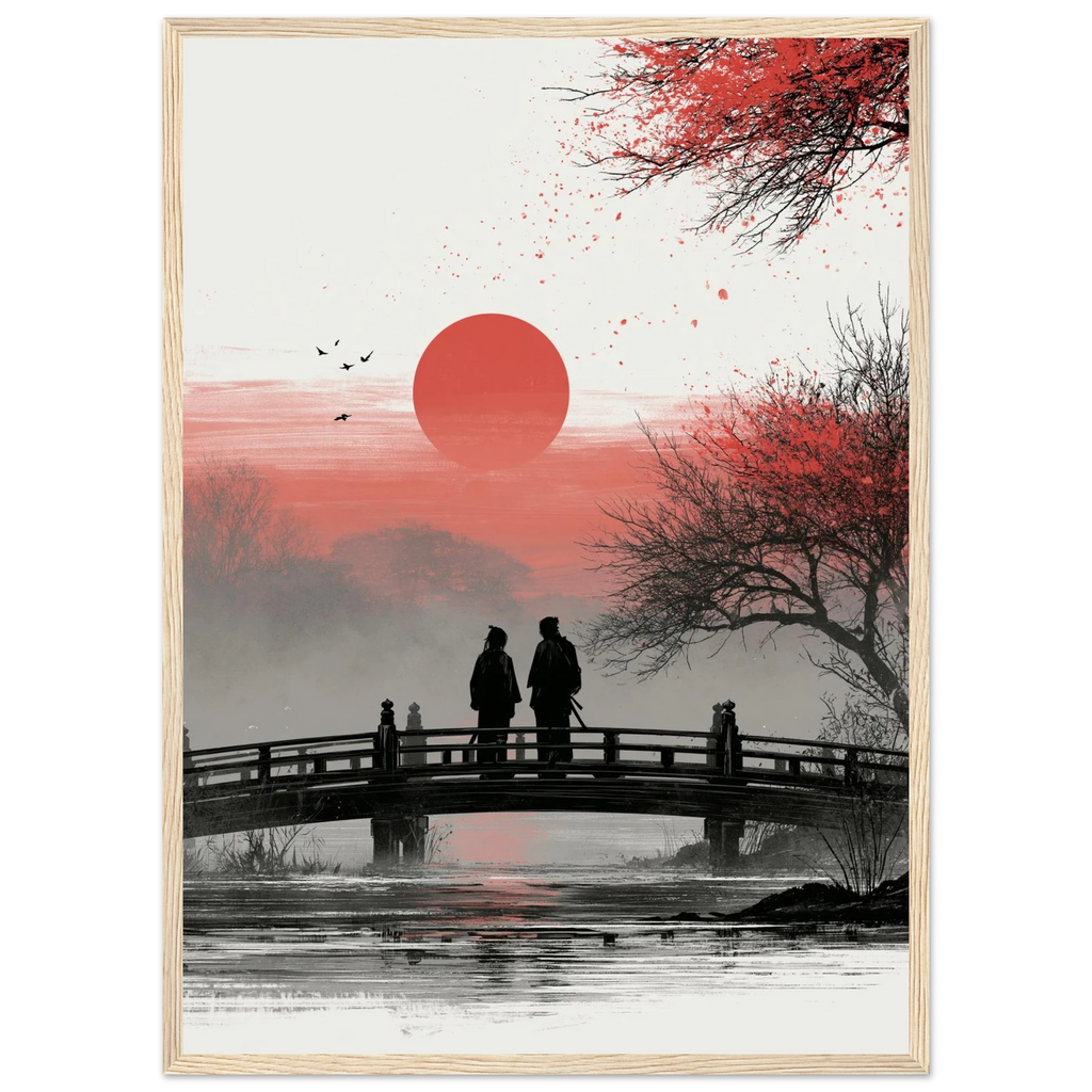Poster Koi no Yokan encadré (cadre bois) — deux silhouettes sur un pont face au soleil couchant, affiche d'art japonais INKONAL