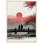 Poster Koi no Yokan encadré (cadre bois) — deux silhouettes sur un pont face au soleil couchant, affiche d'art japonais INKONAL