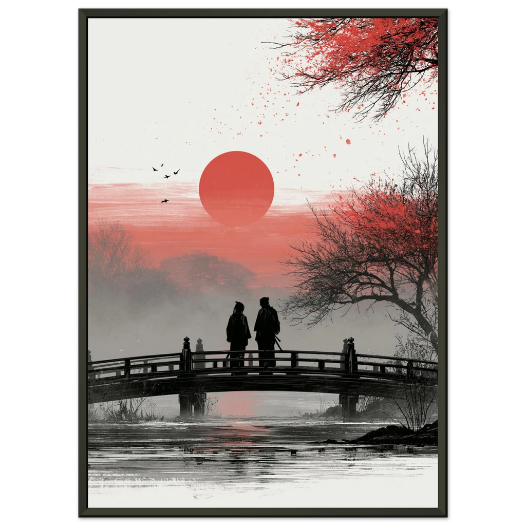 Poster Koi no Yokan encadré (cadre noir) — deux silhouettes sur un pont face au soleil couchant, affiche d'art japonais INKONAL