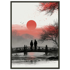 Poster Koi no Yokan encadré (cadre noir) — deux silhouettes sur un pont face au soleil couchant, affiche d'art japonais INKONAL