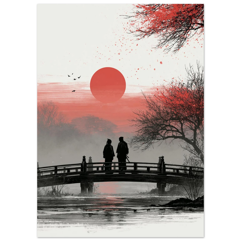 Poster Koi no Yokan sans cadre — deux silhouettes sur un pont face au soleil couchant, affiche d'art japonais INKONAL