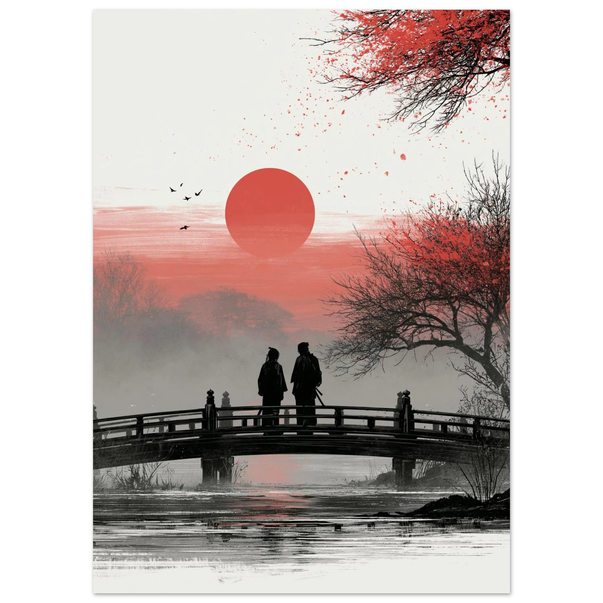 Poster Koi no Yokan sans cadre — deux silhouettes sur un pont face au soleil couchant, affiche d'art japonais INKONAL